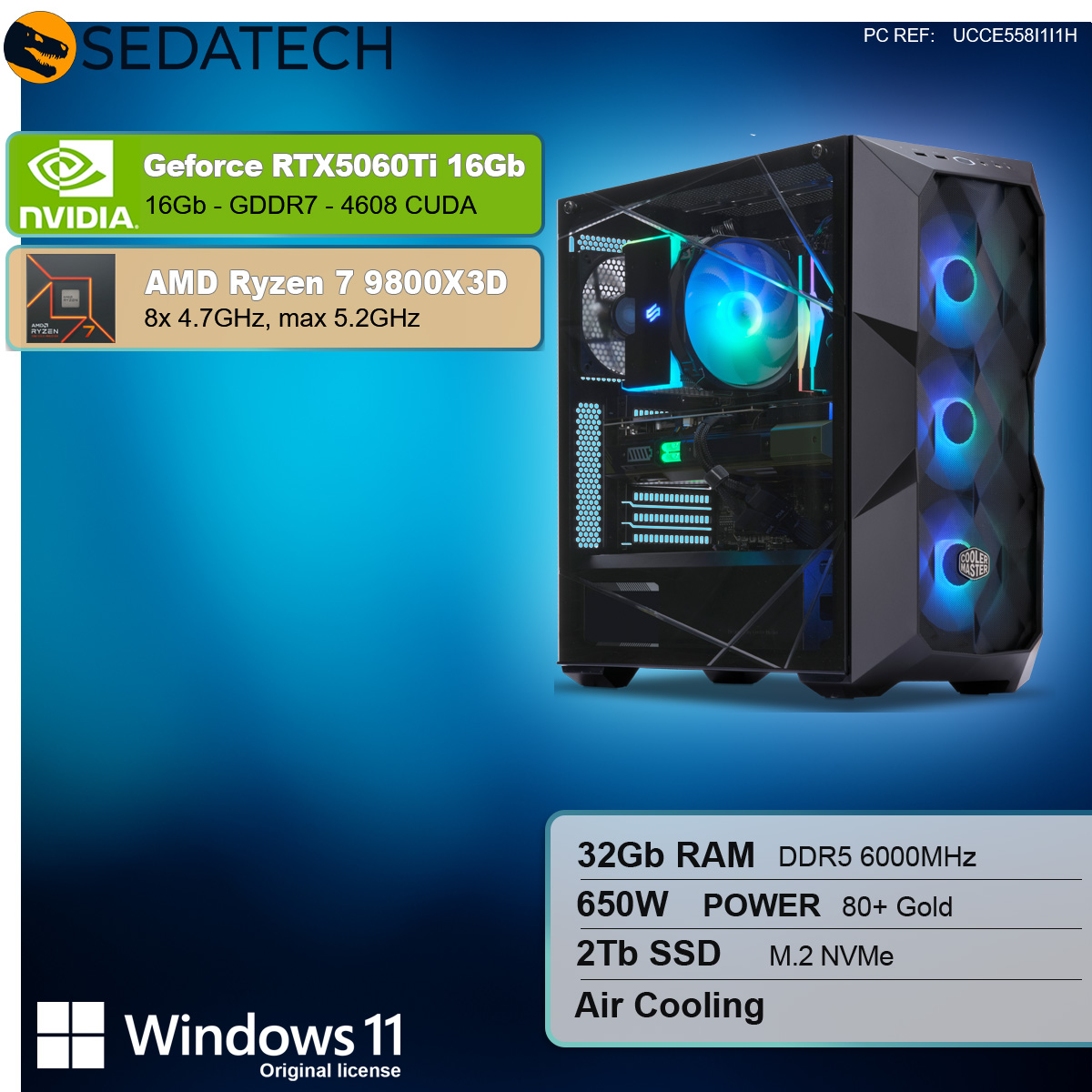 Gaming PC, AMD Ryzen 7 9800X3D, Geforce RTX5060Ti 16Gb