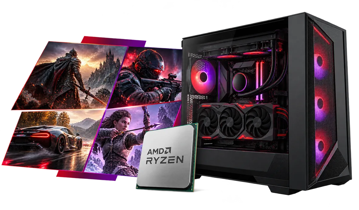 PC Gamingowy AMD Ryzen : Komputer gamingowy z kolażem scen z gier.