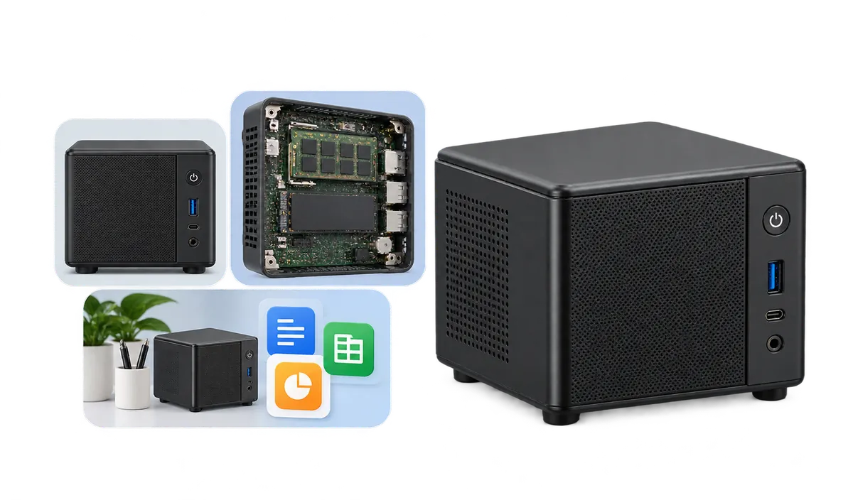 Mini PC Cube : Mini PC compatto con illustrazioni dei suoi utilizzi.
