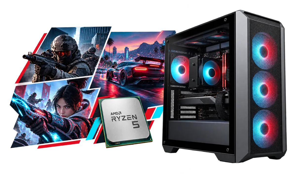 AMD Ryzen 5 Gaming-PC : Gaming-PC mit einer Collage aus Spielmotiven.