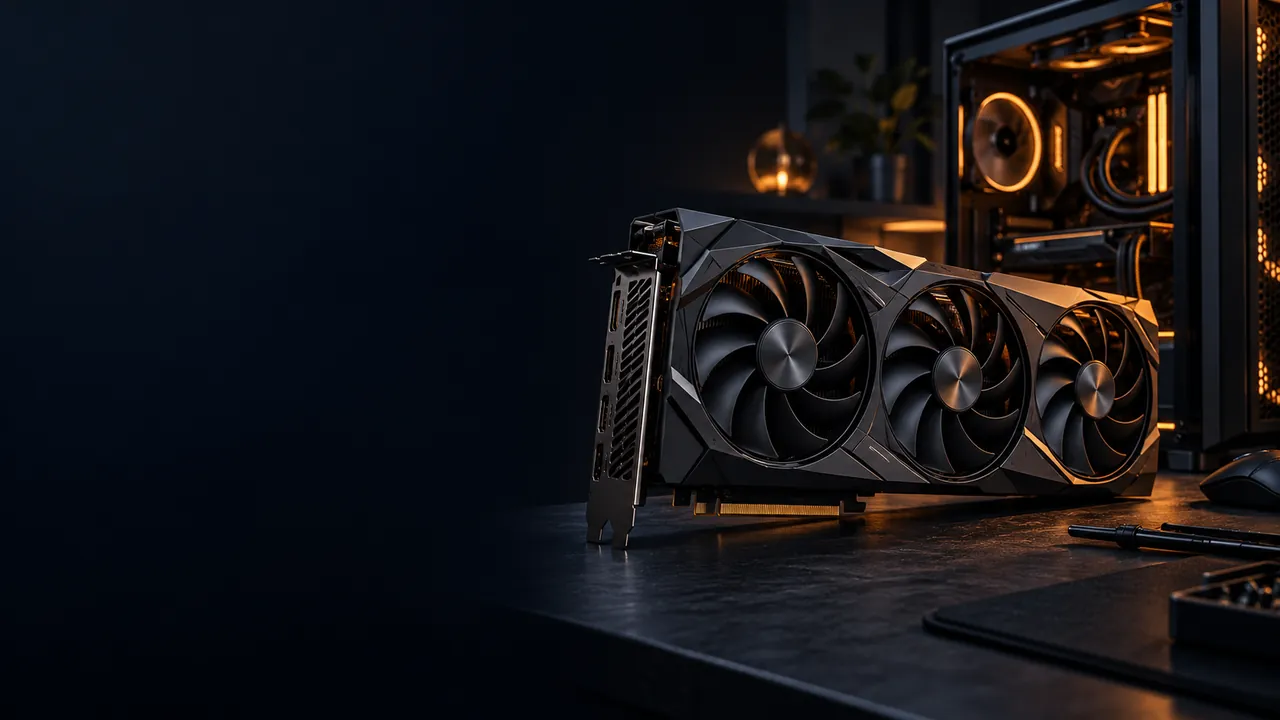 Grafikkarte mit drei Lüftern vor einem Gaming-PC