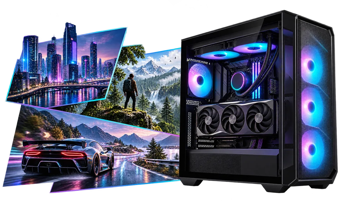 RTX 5070 (Ti) Gaming-PC : Gaming-PC mit einer Collage aus Spielmotiven.