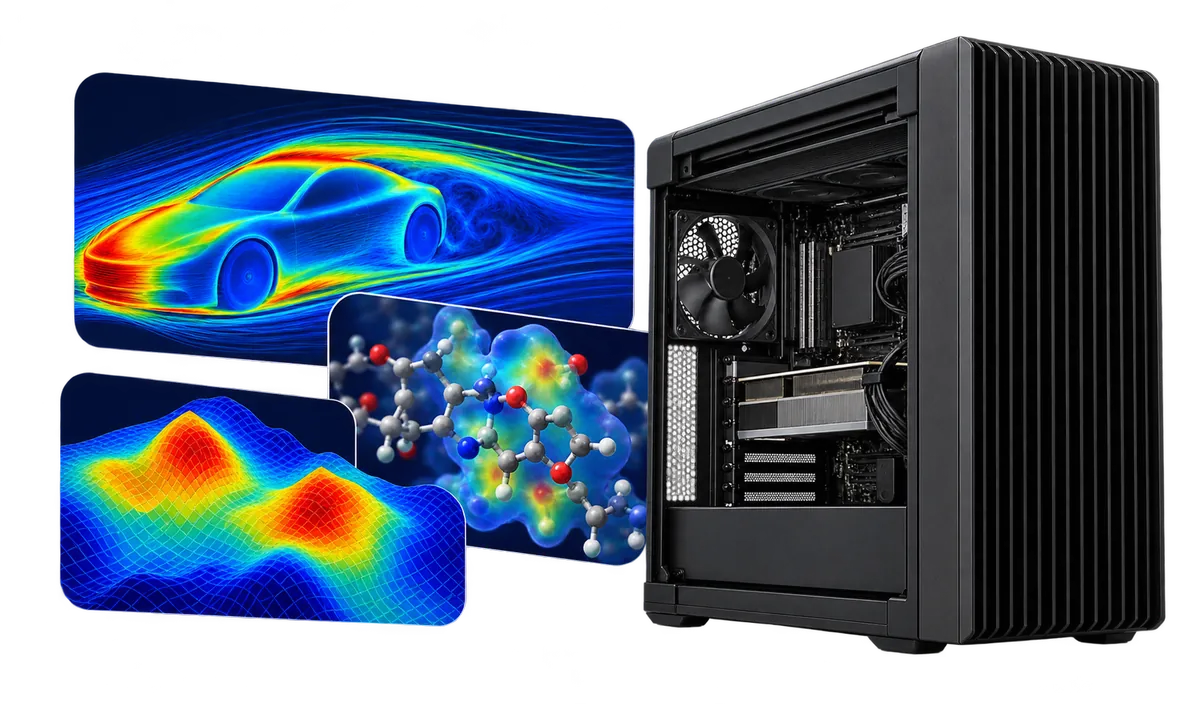HPC & Simulation : Workstation mit Illustrationen professioneller Anwendungen.