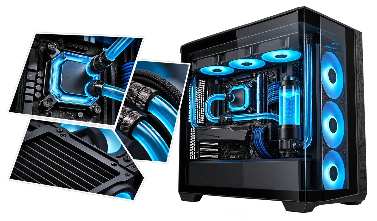 Gaming PC - Watercooled : PC case with close-up views of components.
