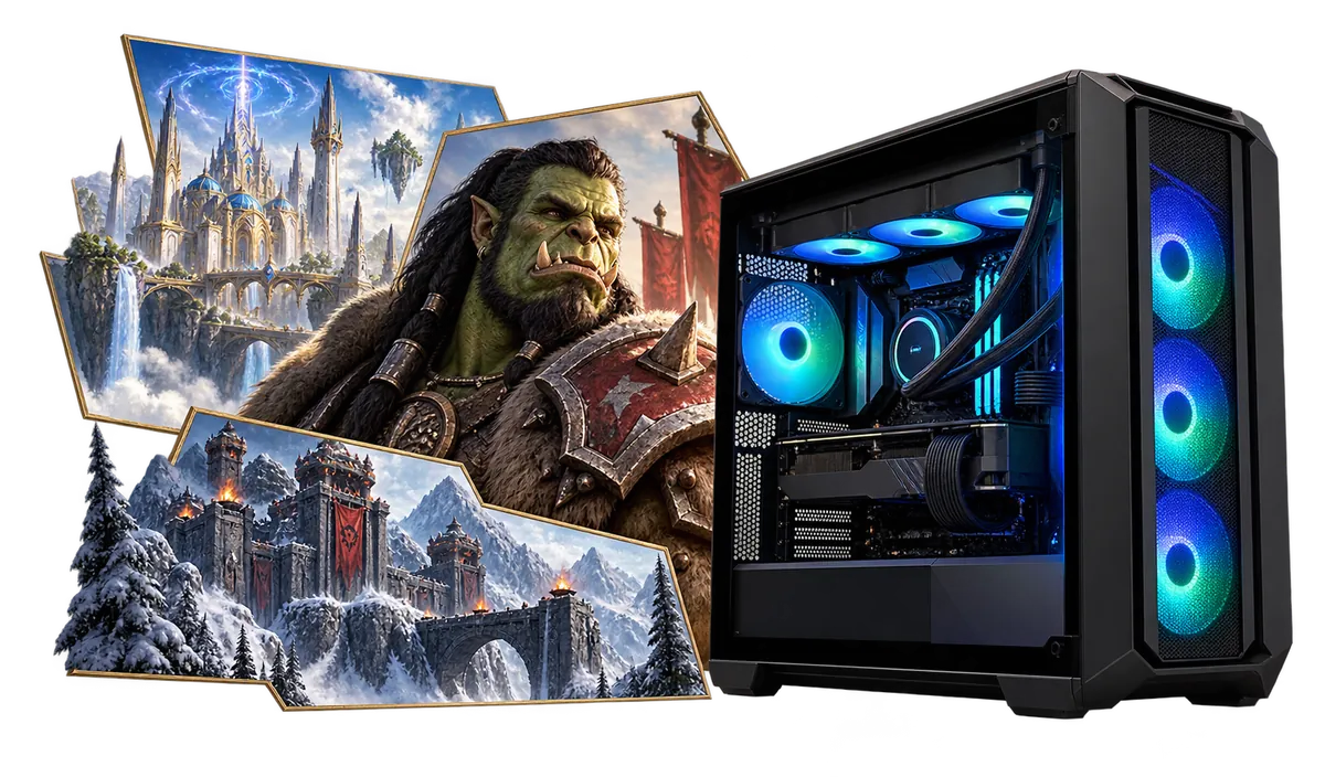 PC for World of Warcraft : Gaming PC with a collage of game scenes.
