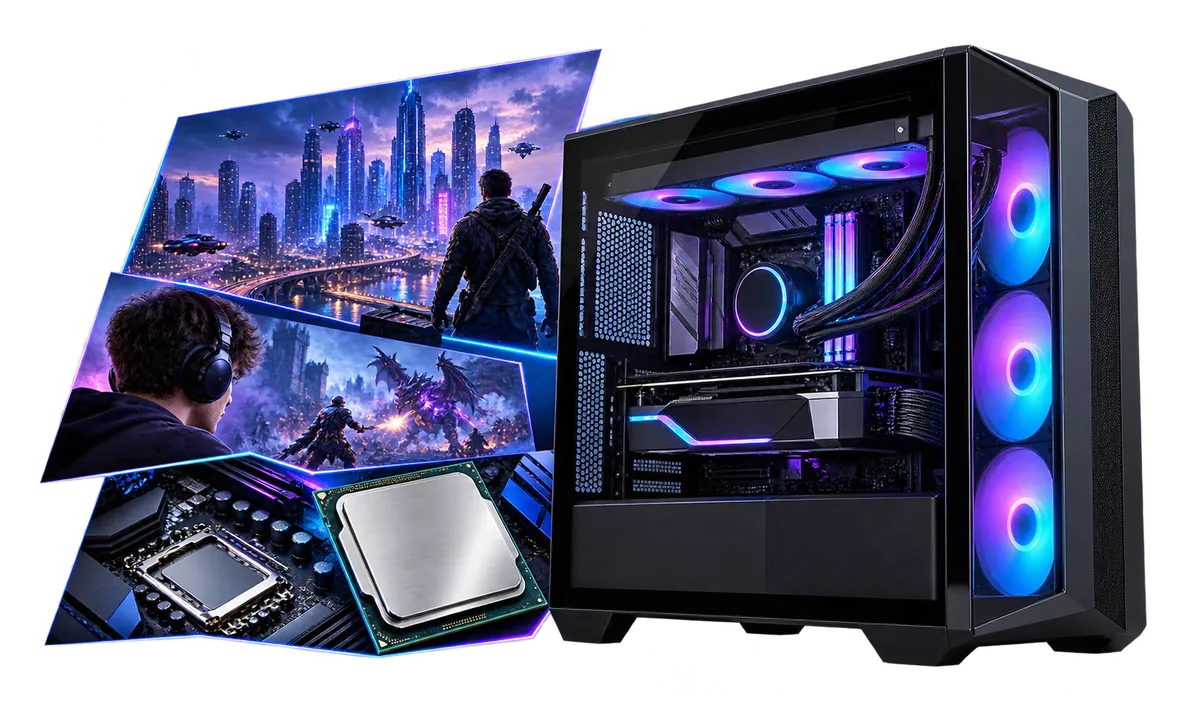 Core i7 & Ultra 7 Gaming-PC : Gaming-PC mit einer Collage aus Spielmotiven.