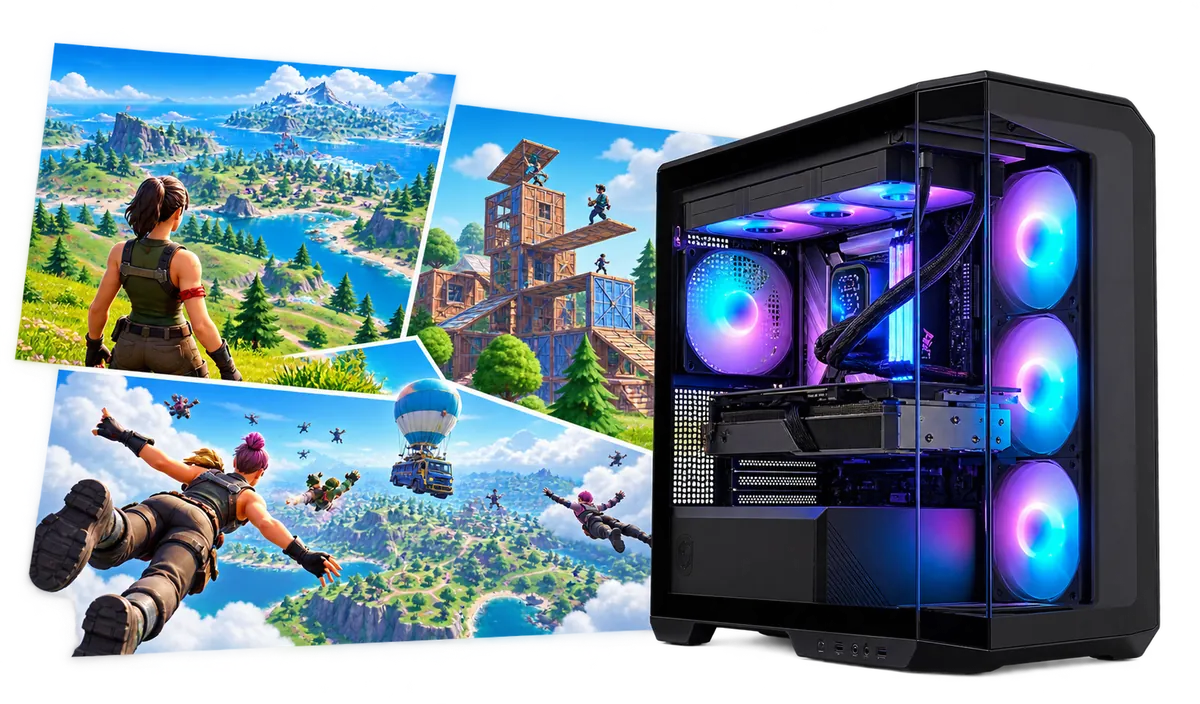 PC do Fortnite : Komputer gamingowy z kolażem scen z gier.
