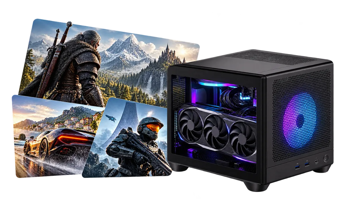 Mini PC Gaming : Mini PC compatto con illustrazioni dei suoi utilizzi.