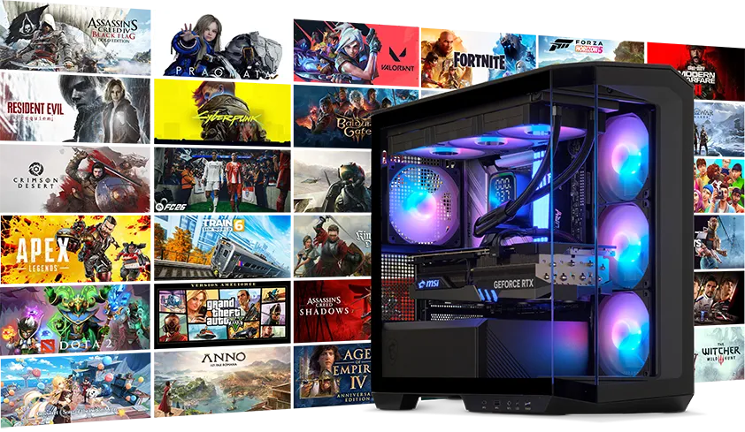 PC gaming Sedatech con illuminazione RGB davanti a un collage di videogiochi