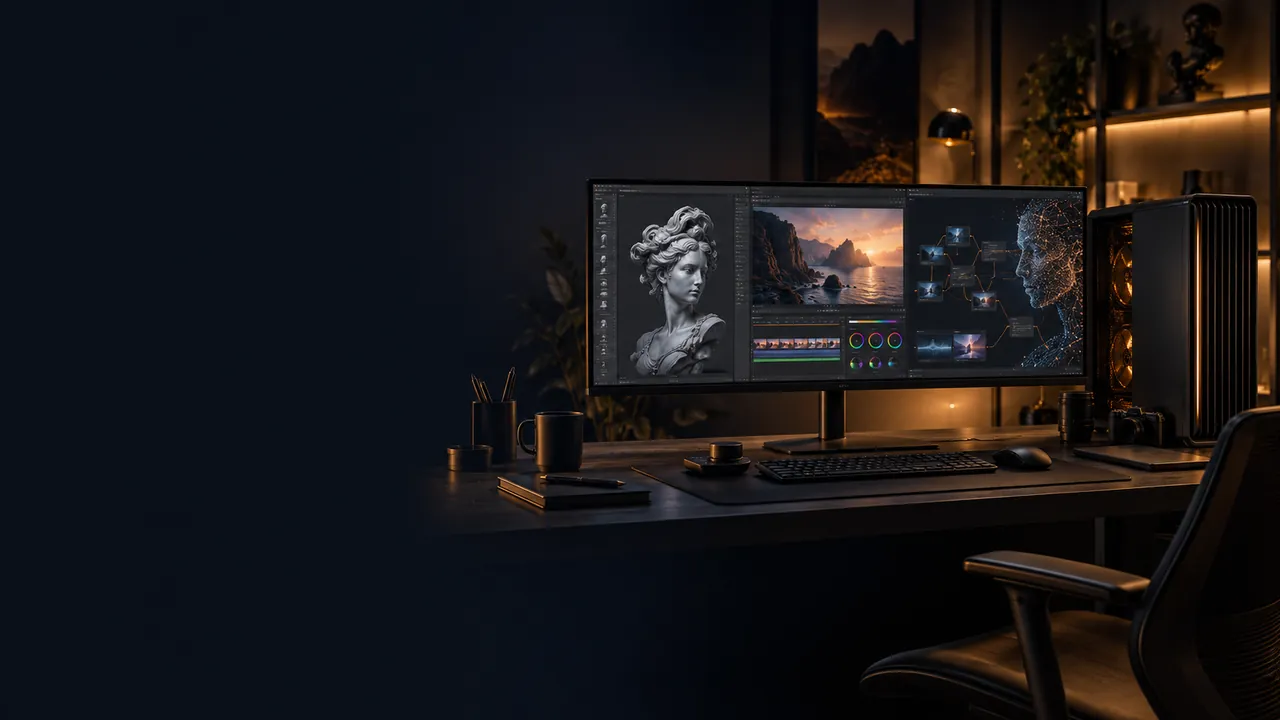 Workstation mit Bildschirm für 3D-Gestaltung, Videoschnitt und KI-Workflows