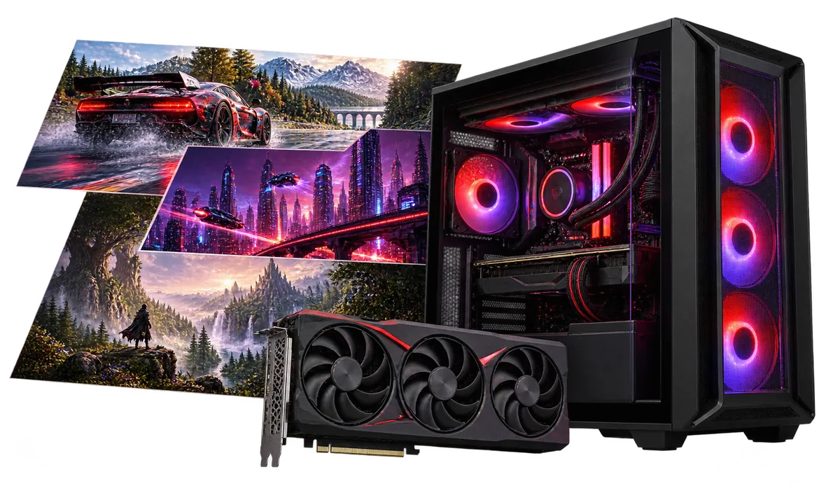 RX 9070 (XT) Gaming-PC : Gaming-PC mit einer Collage aus Spielmotiven.