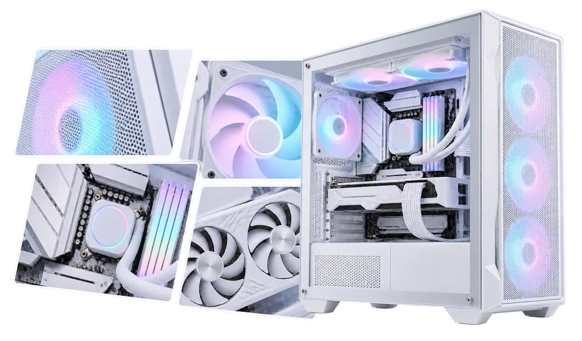 Gaming-PC - White Edition : PC-Gehäuse mit Detailansichten von Komponenten.