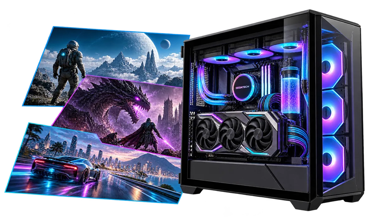 High-End Gaming-PC : Gaming-PC mit einer Collage aus Spielmotiven.