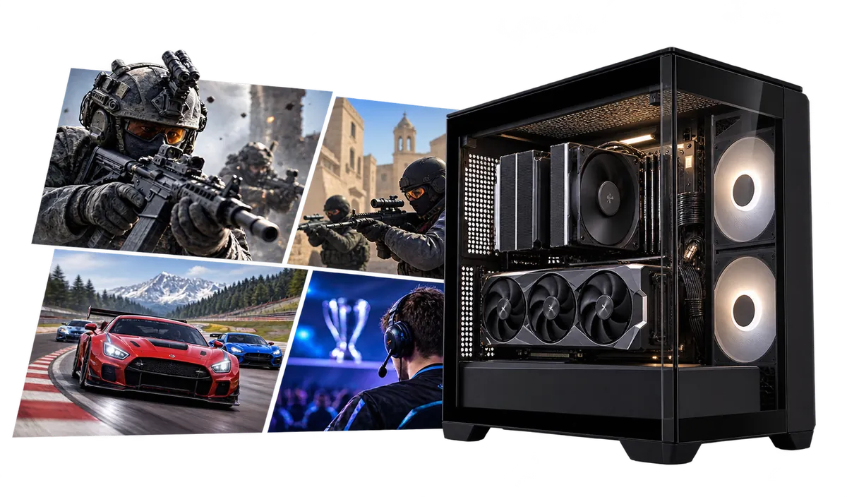 Gaming-PC 1.000 bis 2.000 € : Gaming-PC mit einer Collage aus Spielmotiven.