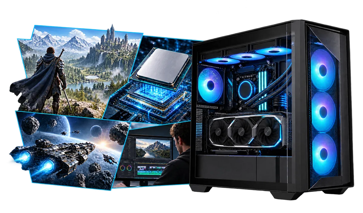 Core i9 & Ultra 9 Gaming-PC : Gaming-PC mit einer Collage aus Spielmotiven.