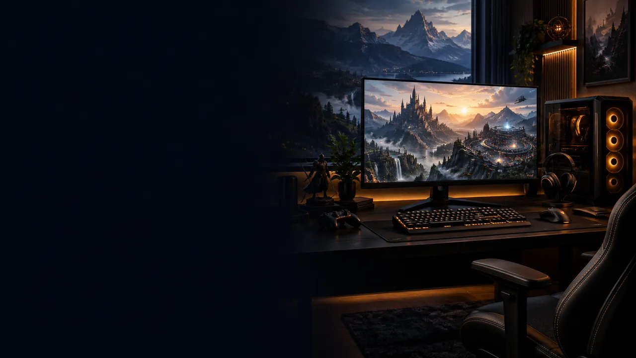 Gaming-PC und Monitor mit einer Fantasy-Landschaft