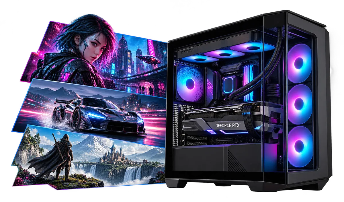 RTX 5080 Gaming-PC : Gaming-PC mit einer Collage aus Spielmotiven.
