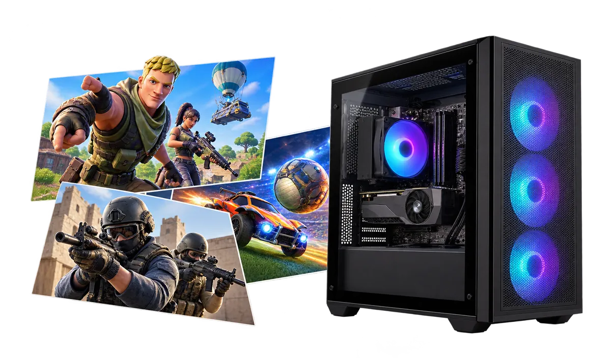 Entry-level Gaming PC : Gaming PC with a collage of game scenes.