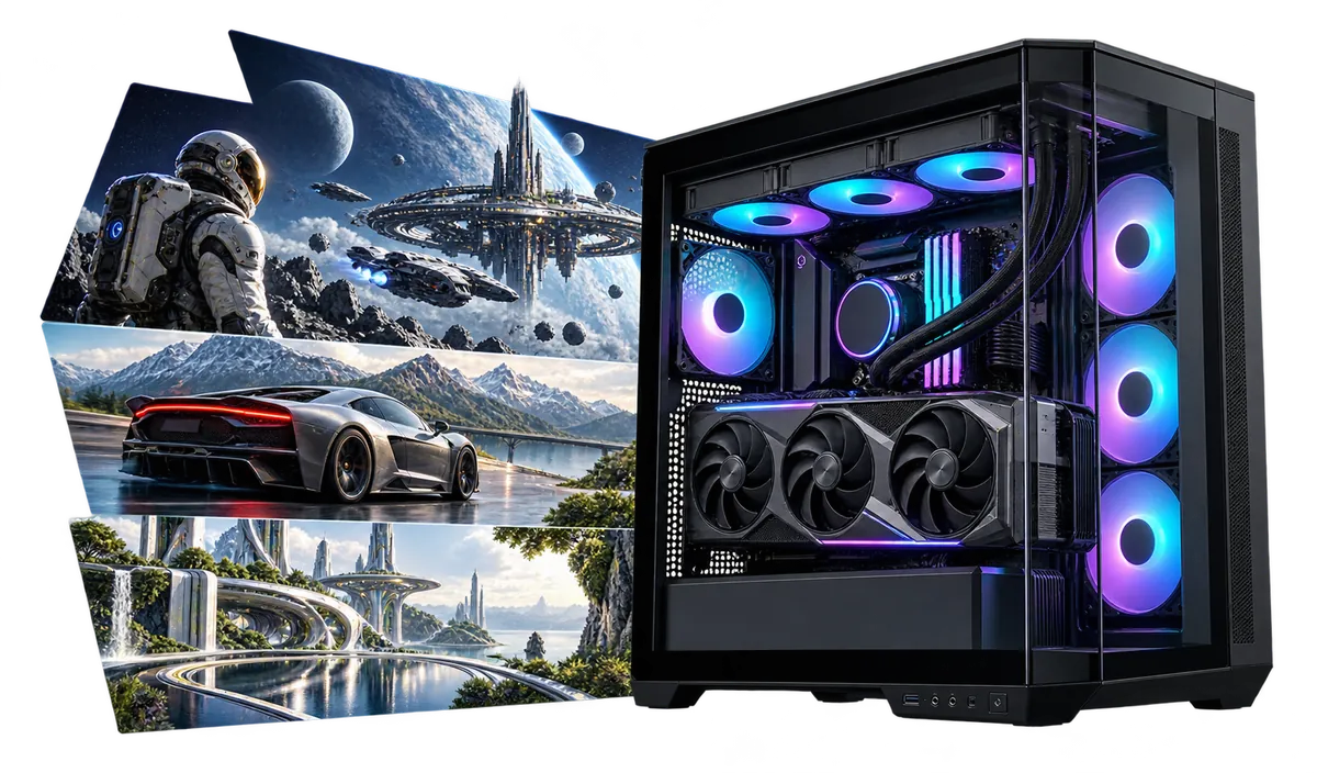 RTX 5090 Gaming-PC : Gaming-PC mit einer Collage aus Spielmotiven.