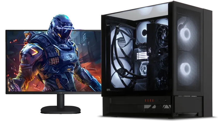 Sedatech gaming PC with an illuminated case and a monitor showing a game scene