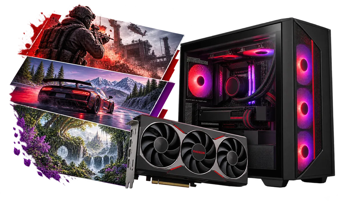 AMD Radeon Gaming-PCs : Gaming-PC mit einer Collage aus Spielmotiven.