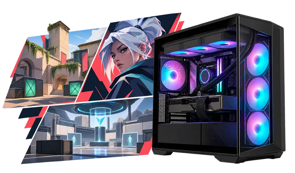 PC für Valorant : Gaming-PC mit einer Collage aus Spielmotiven.