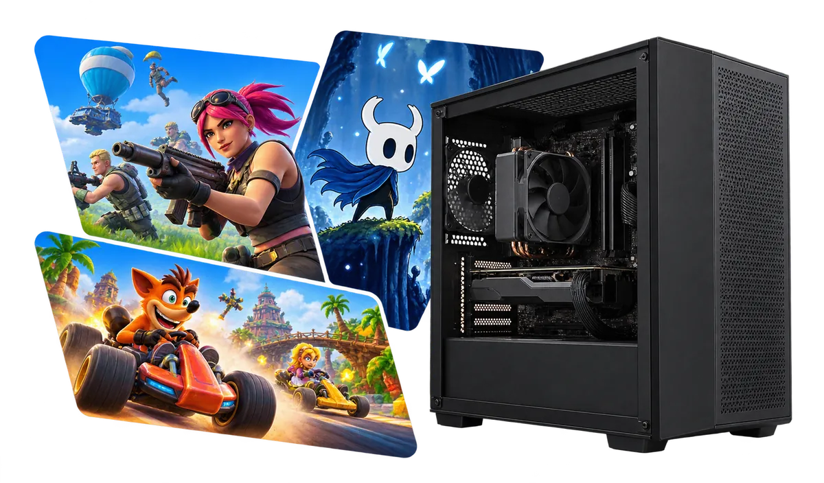 Gaming-PC bis 1.000 € : Gaming-PC mit einer Collage aus Spielmotiven.