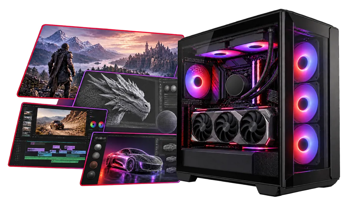 AMD Ryzen 9 Gaming-PC : Gaming-PC mit einer Collage aus Spielmotiven.