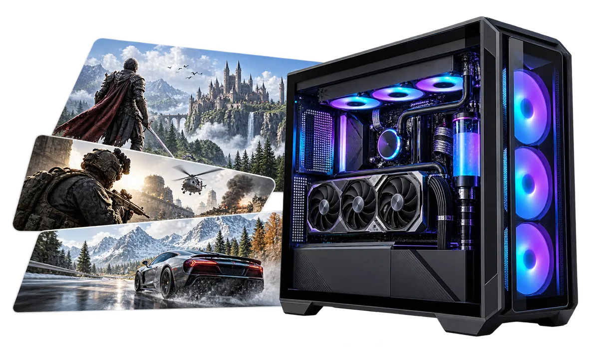 Gaming-PC über 5.000 € : Gaming-PC mit einer Collage aus Spielmotiven.