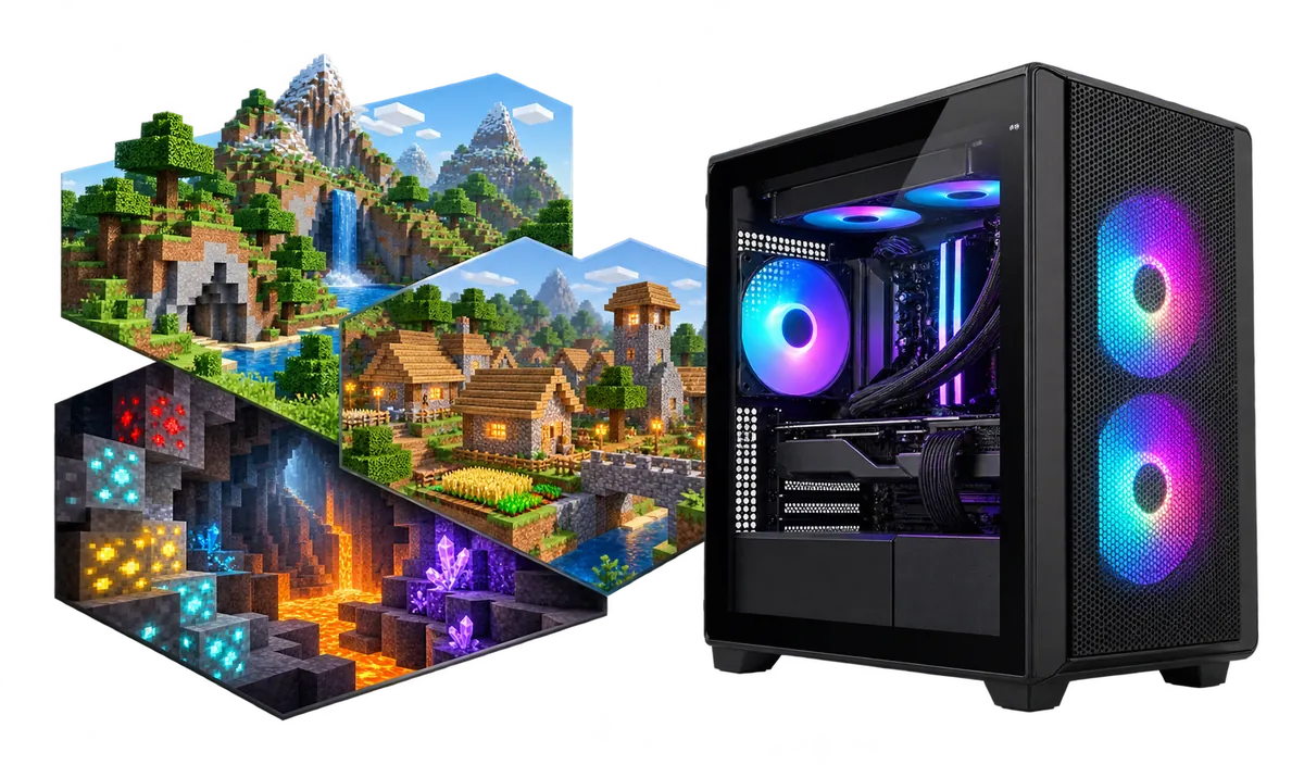 PC voor Minecraft : Gaming-pc met een collage van gamescènes.