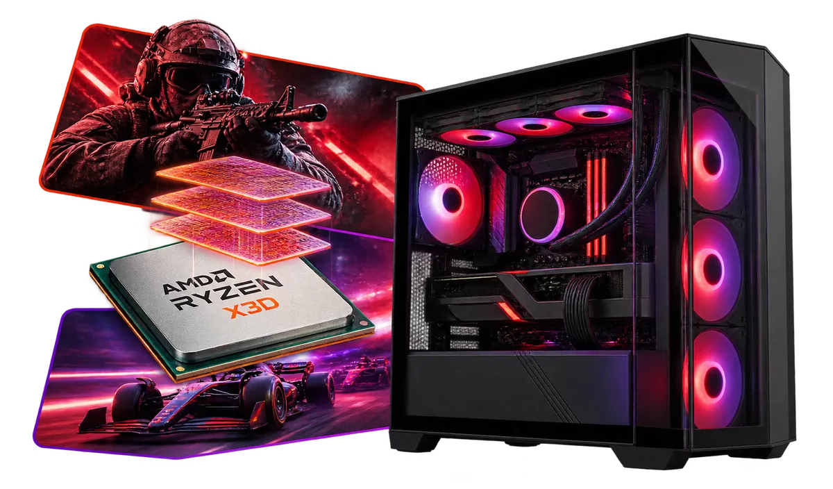 PC Gaming Ryzen X3D : PC gaming con un collage di scene di videogiochi.
