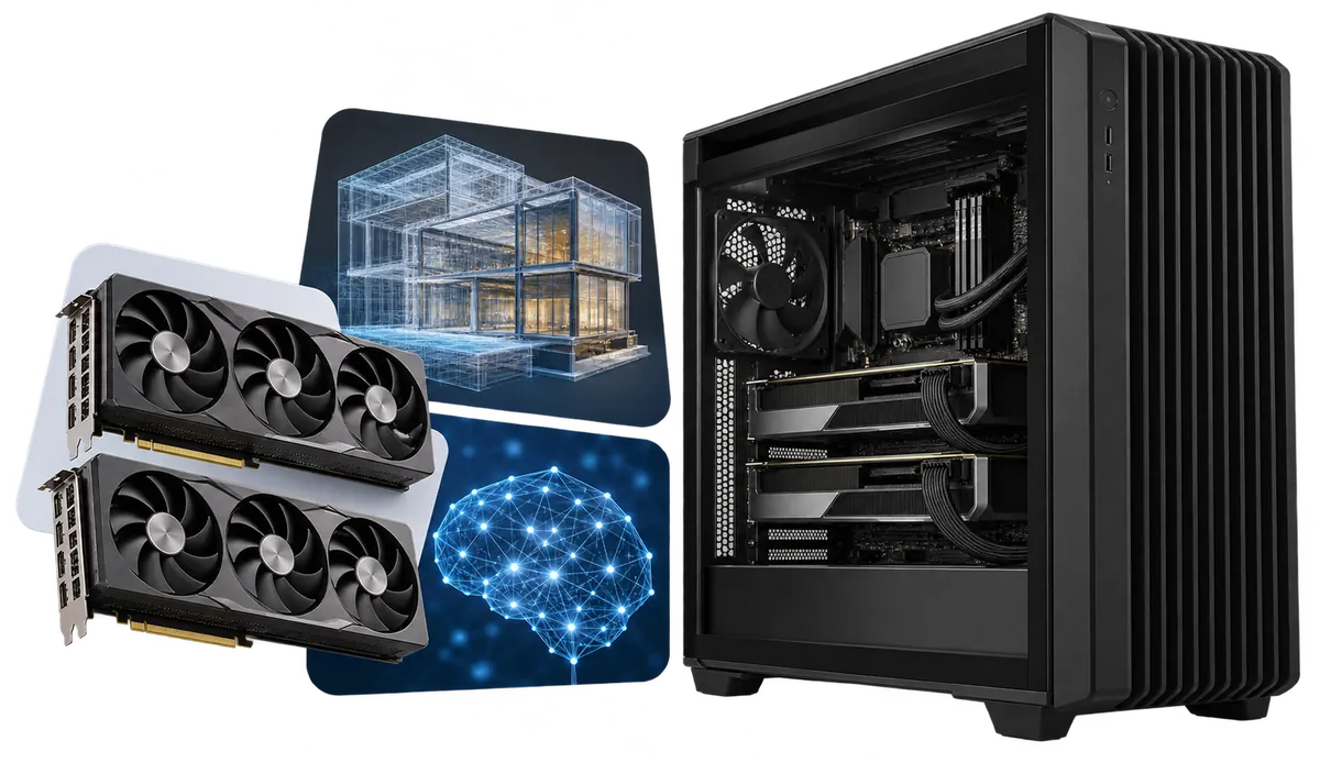 Multi-GPU : Workstation mit Illustrationen professioneller Anwendungen.