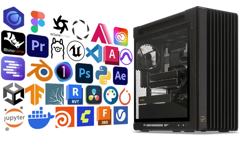 Sedatech Workstation neben Symbolen für professionelle Kreativ-, Entwicklungs- und KI-Software