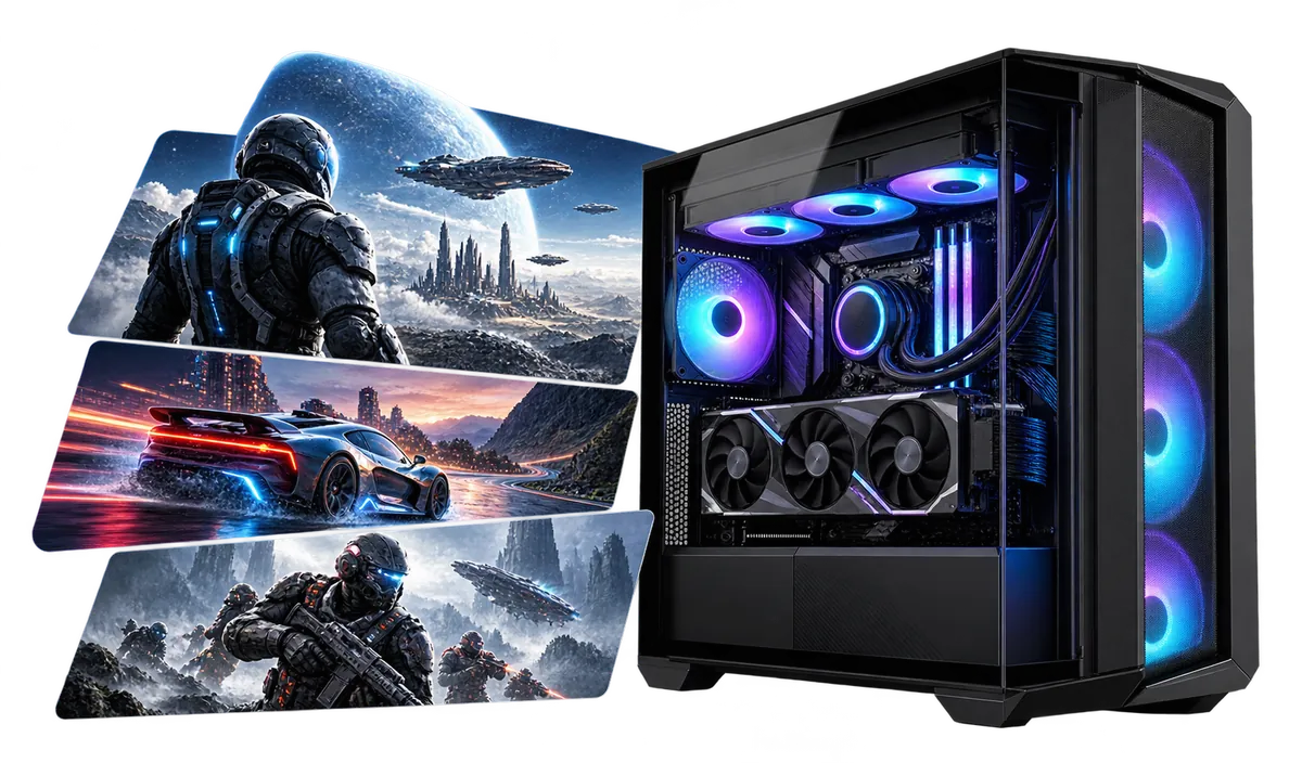 PC Gaming da 3.000 a 5.000 € : PC gaming con un collage di scene di videogiochi.