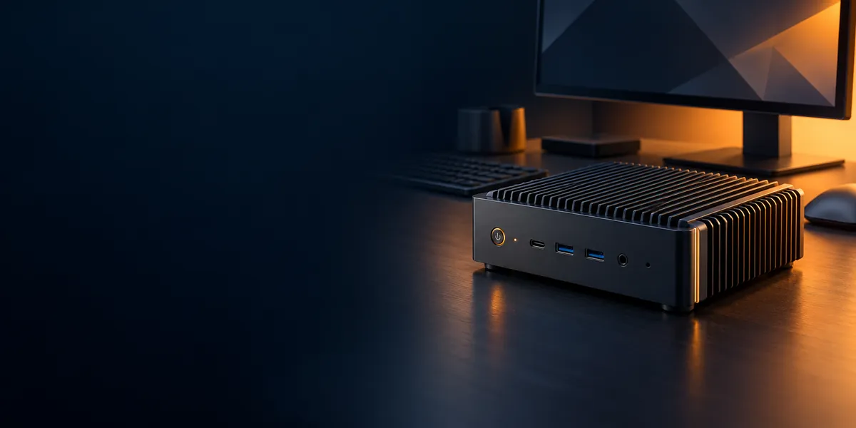 Lüfterloser Mini-PC auf einem Schreibtisch mit Bildschirm und Tastatur
