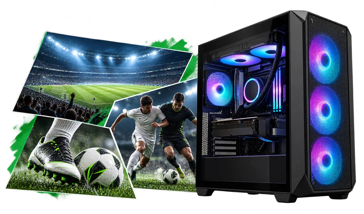 PC for EA Sports FC : Gaming PC with a collage of game scenes.
