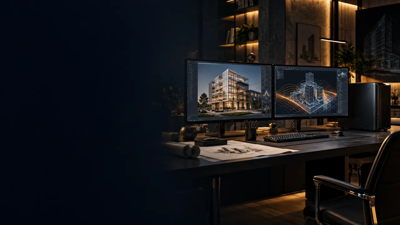 Workstation mit zwei Monitoren für Architektur und technische Visualisierung
