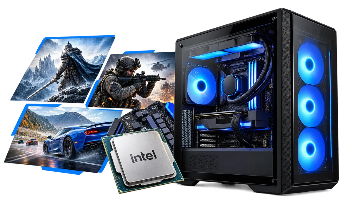 Intel Gaming PC : Gaming-pc met een collage van gamescènes.