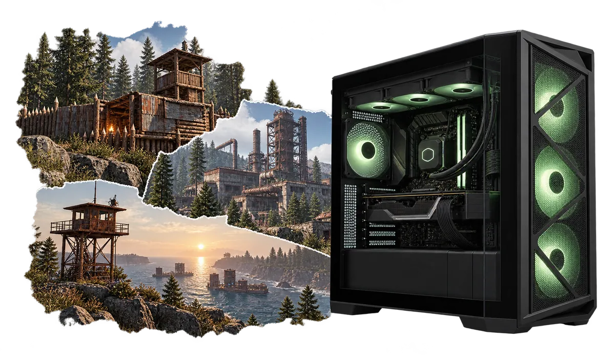PC for Rust : Gaming PC with a collage of game scenes.