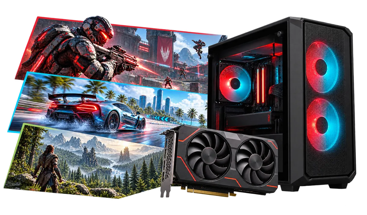 RX 9060 (XT) Gaming-PC : Gaming-PC mit einer Collage aus Spielmotiven.