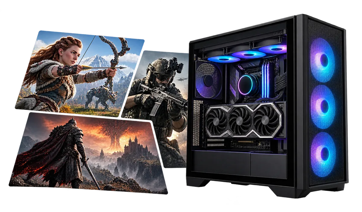 Gaming-PC 2.000 bis 3.000 € : Gaming-PC mit einer Collage aus Spielmotiven.