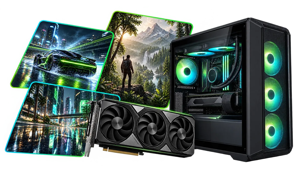 NVIDIA GeForce RTX 50 : Komputer gamingowy z kolażem scen z gier.