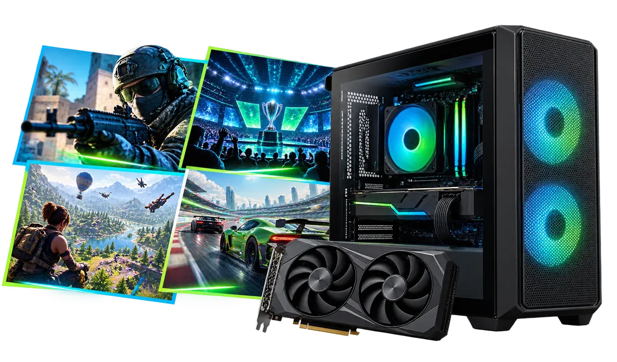 RTX 5060 (Ti) Gaming-PC : Gaming-PC mit einer Collage aus Spielmotiven.