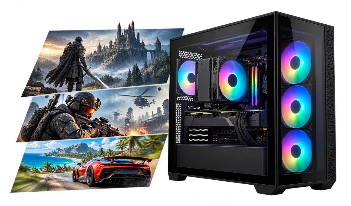 Mid-range Gaming PC : Gaming PC with a collage of game scenes.