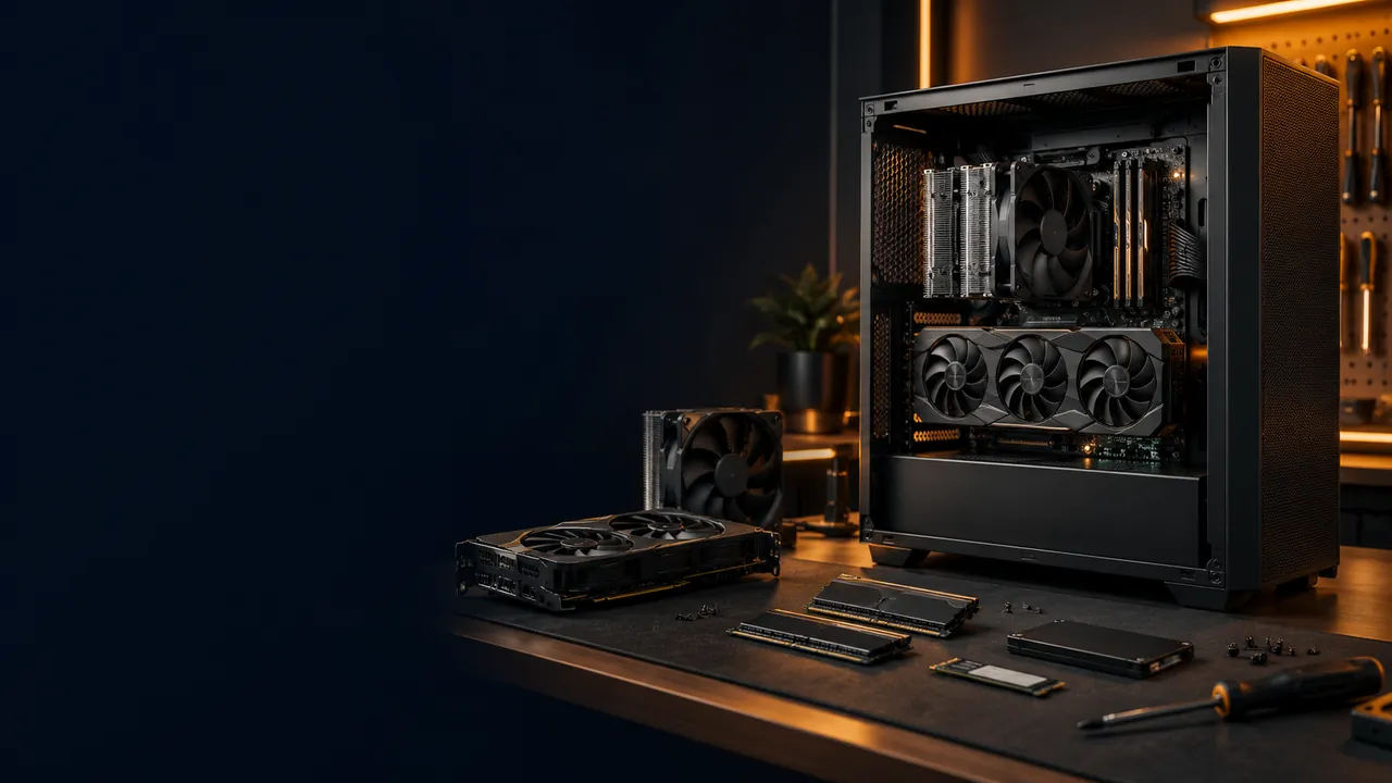 Geöffnete Workstation mit Grafikkarte, Arbeitsspeicher und SSD auf einer Werkbank