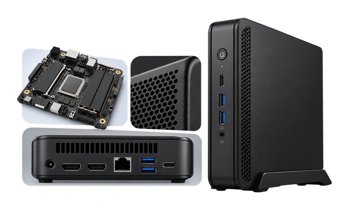 Kompakter Mini-PC : Kompakter Mini-PC mit Illustrationen seiner Einsatzbereiche.