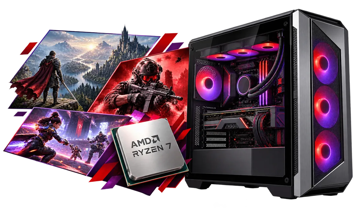 AMD Ryzen 7 Gaming-PC : Gaming-PC mit einer Collage aus Spielmotiven.