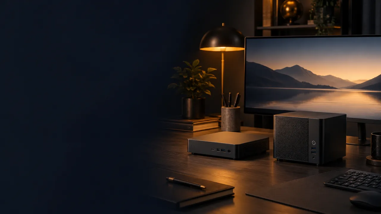 Zwei kompakte Mini-PCs auf einem Schreibtisch
