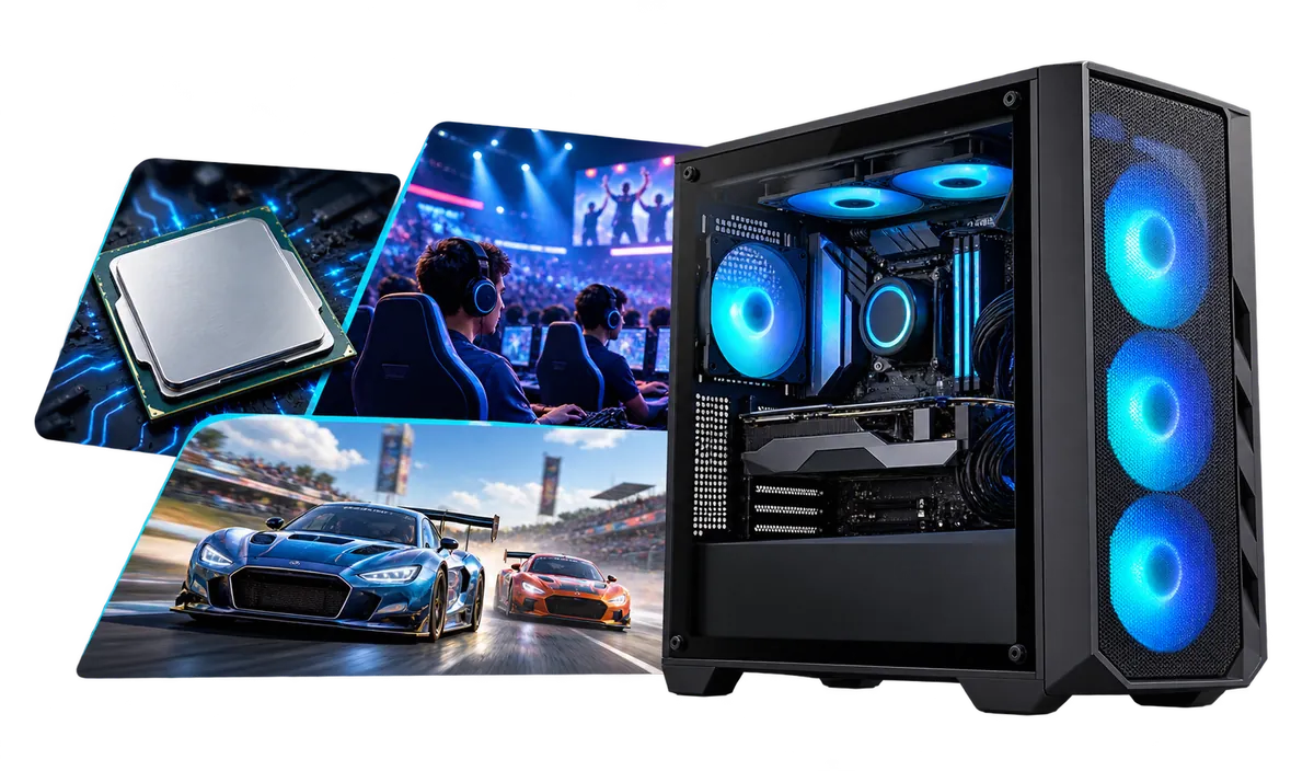 Core i5 & Ultra 5 Gaming-PC : Gaming-PC mit einer Collage aus Spielmotiven.